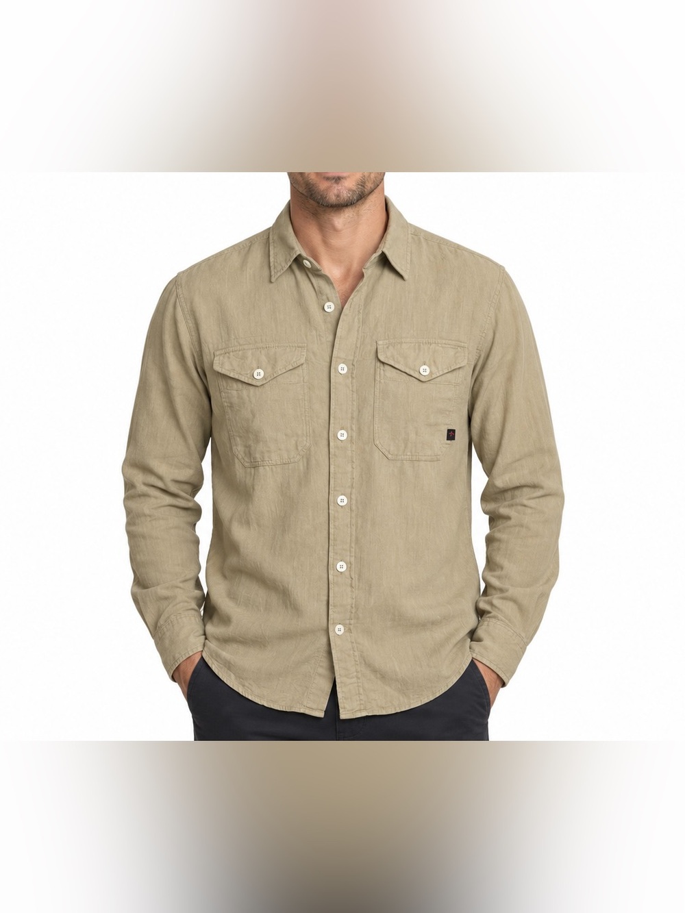 Relwen Slub Linen Button Down Workshirt Dark Khaki Medium